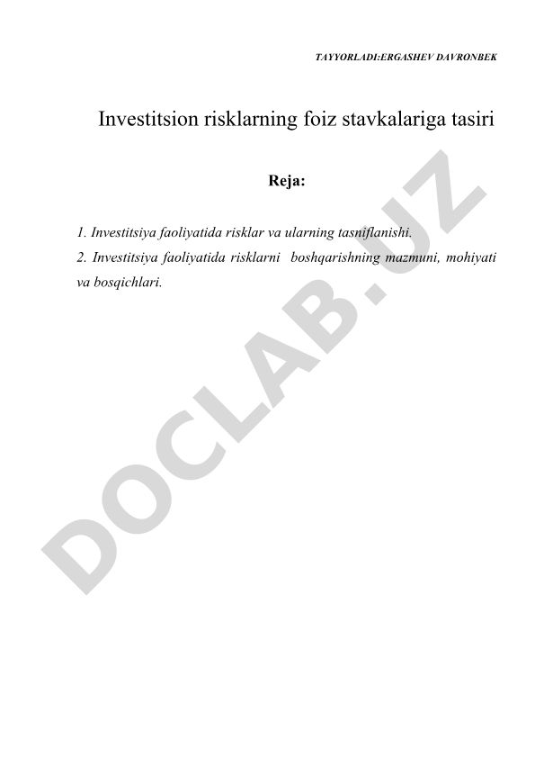 Investitsion risklarning foiz stavkalariga tasiri