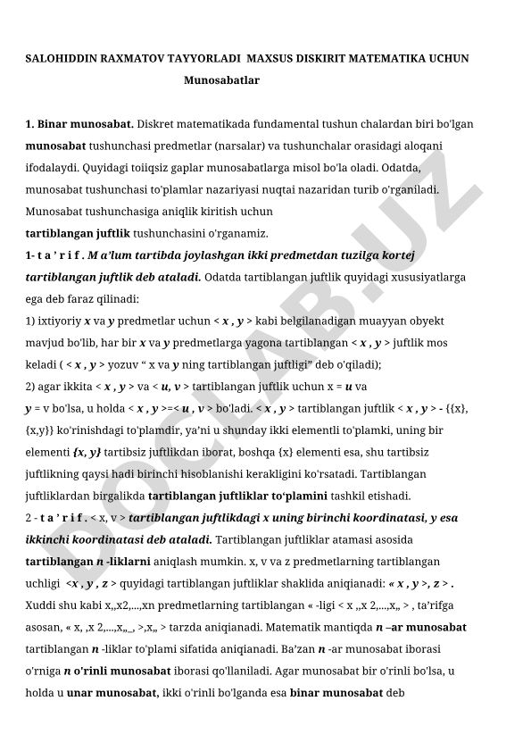 Diskret matematikada munosabatlar va tartiblangan juftliklar