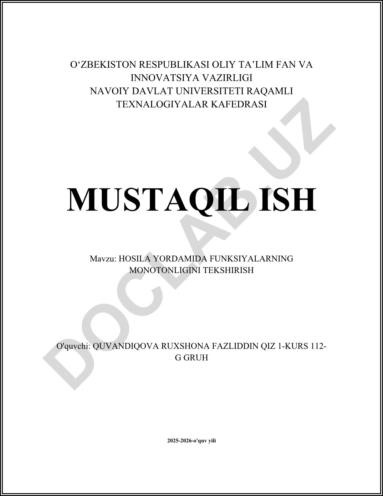 Hosila yordamida funksiyalarning monotonligini tekshirish