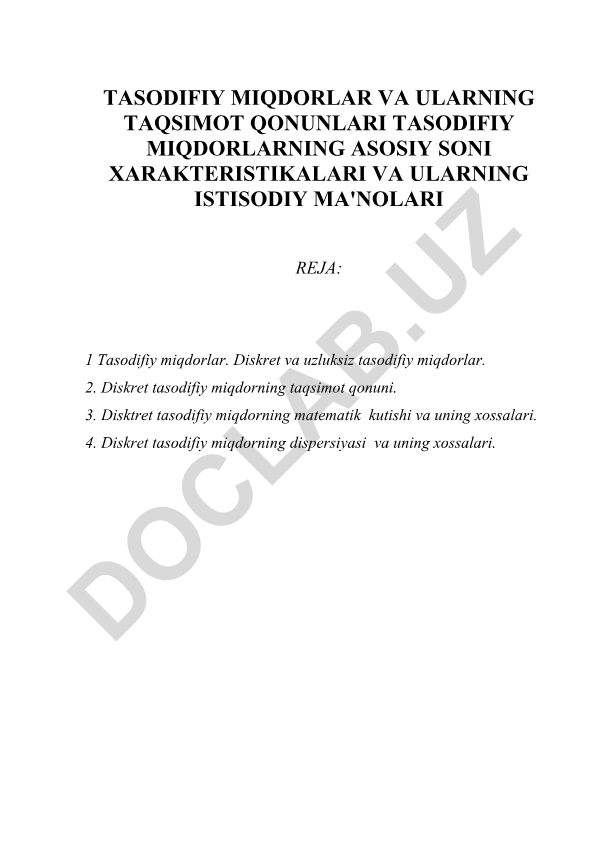 Tasodifiy miqdorlar va ularning taqsimot qonunlari