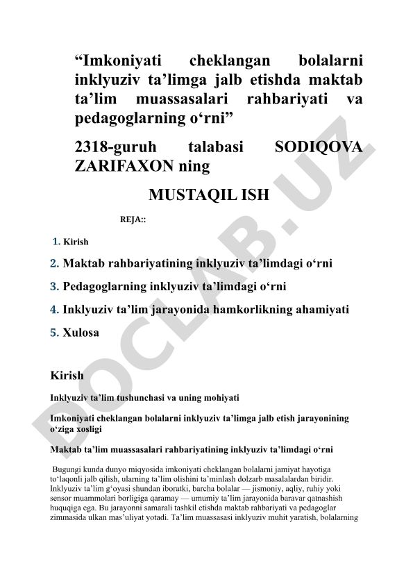 Imkoniyati cheklangan bolalarni inklyuziv ta’limga jalb etishda maktab rahbariyati va pedagoglarning o‘rni