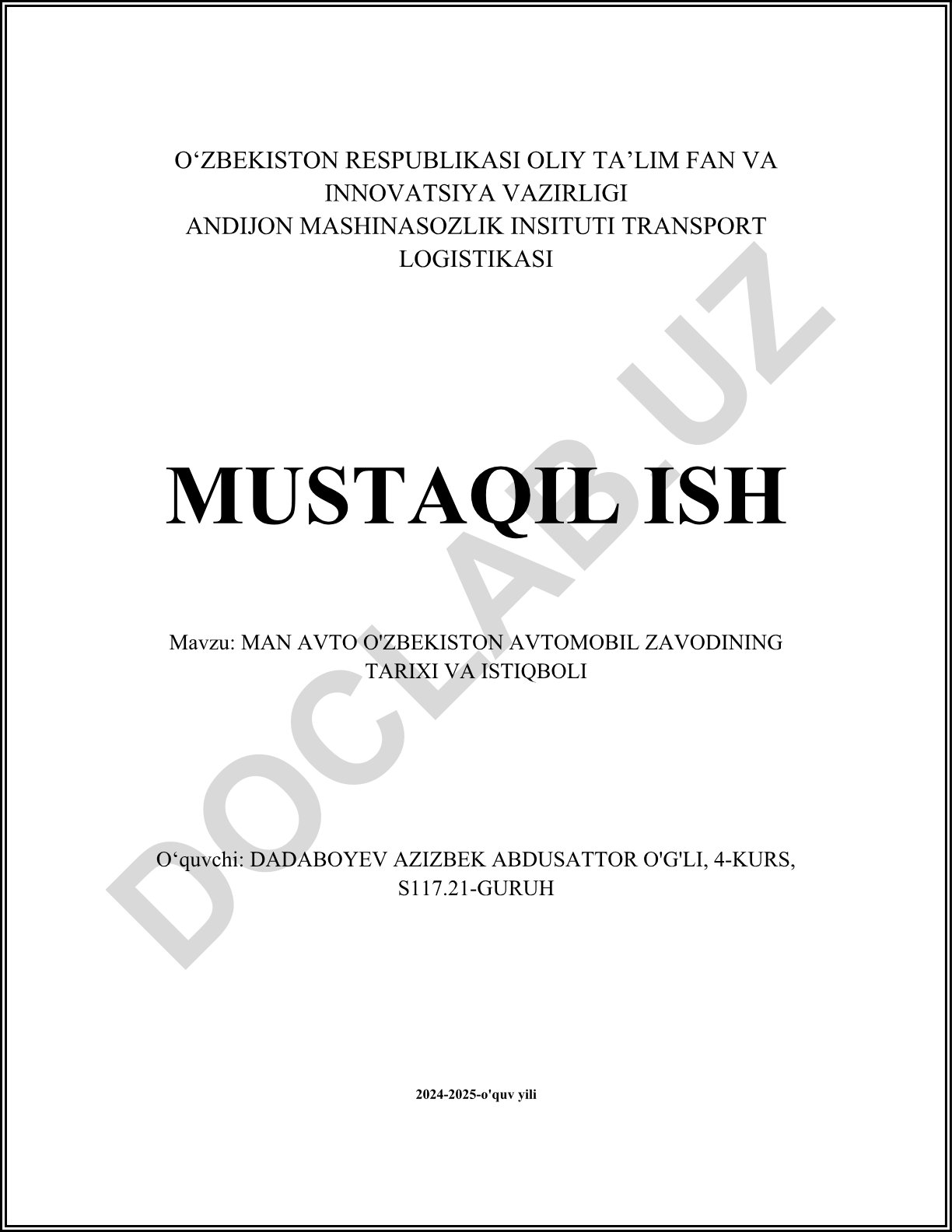 MAN AVTO O'ZBEKISTON AVTOMOBIL ZAVODINING TARIXI VA ISTIQBOLI