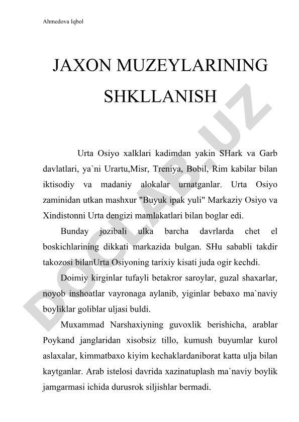 Jahon muzeylarining shakllanishi va Oʻrta Osiyo tarixi