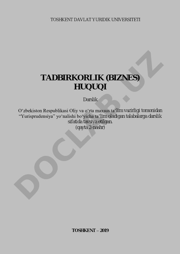 Tadbirkorlik (biznes) huquqi darsligi