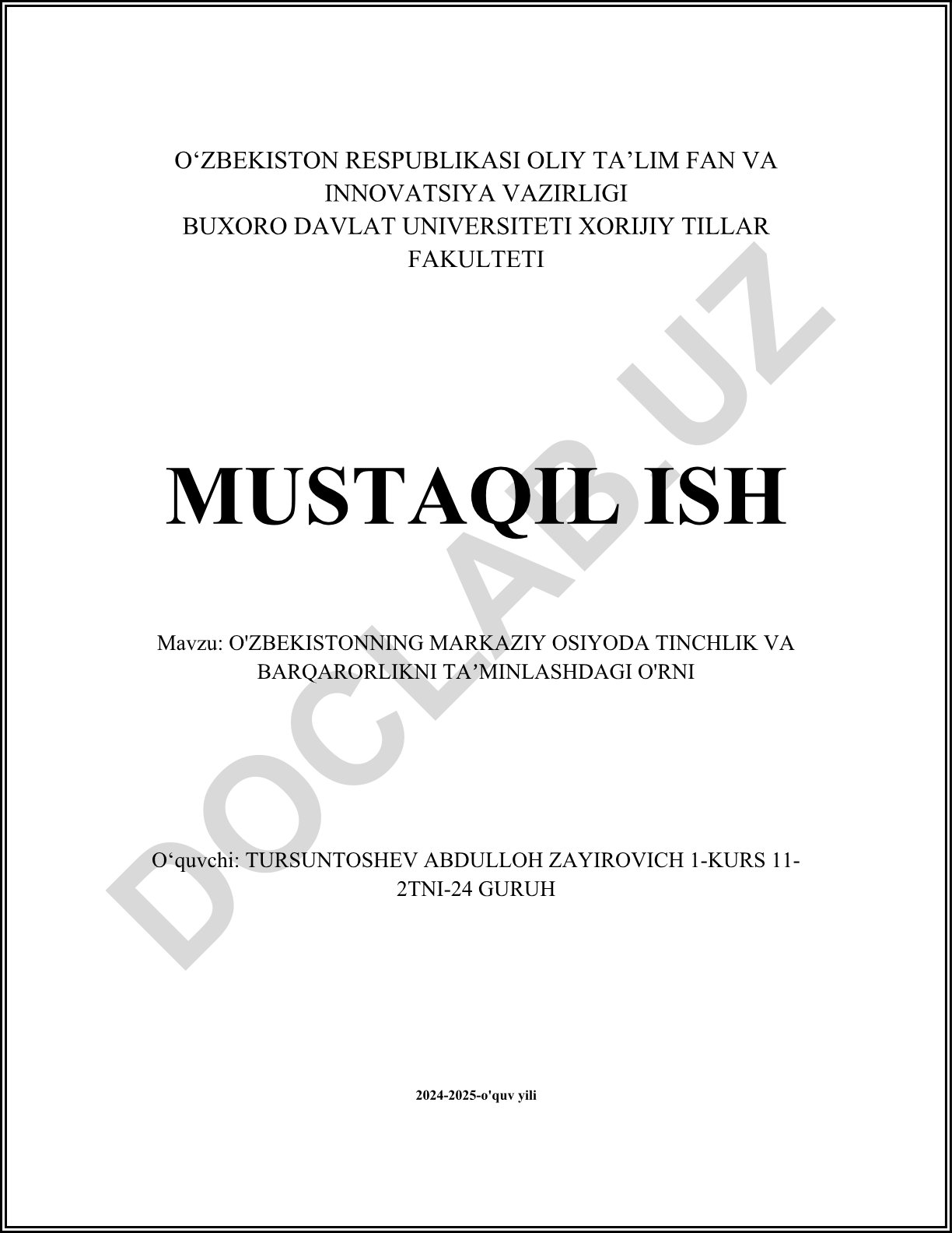 O'zbekistonning Markaziy Osiyoda tinchlik va barqarorlikni ta'minlashdagi o'rni