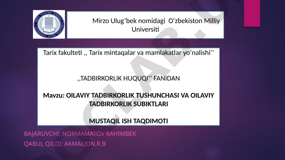Oilaviy tadbirkorlik tushunchasi, tamoyillari va imkoniyatlari