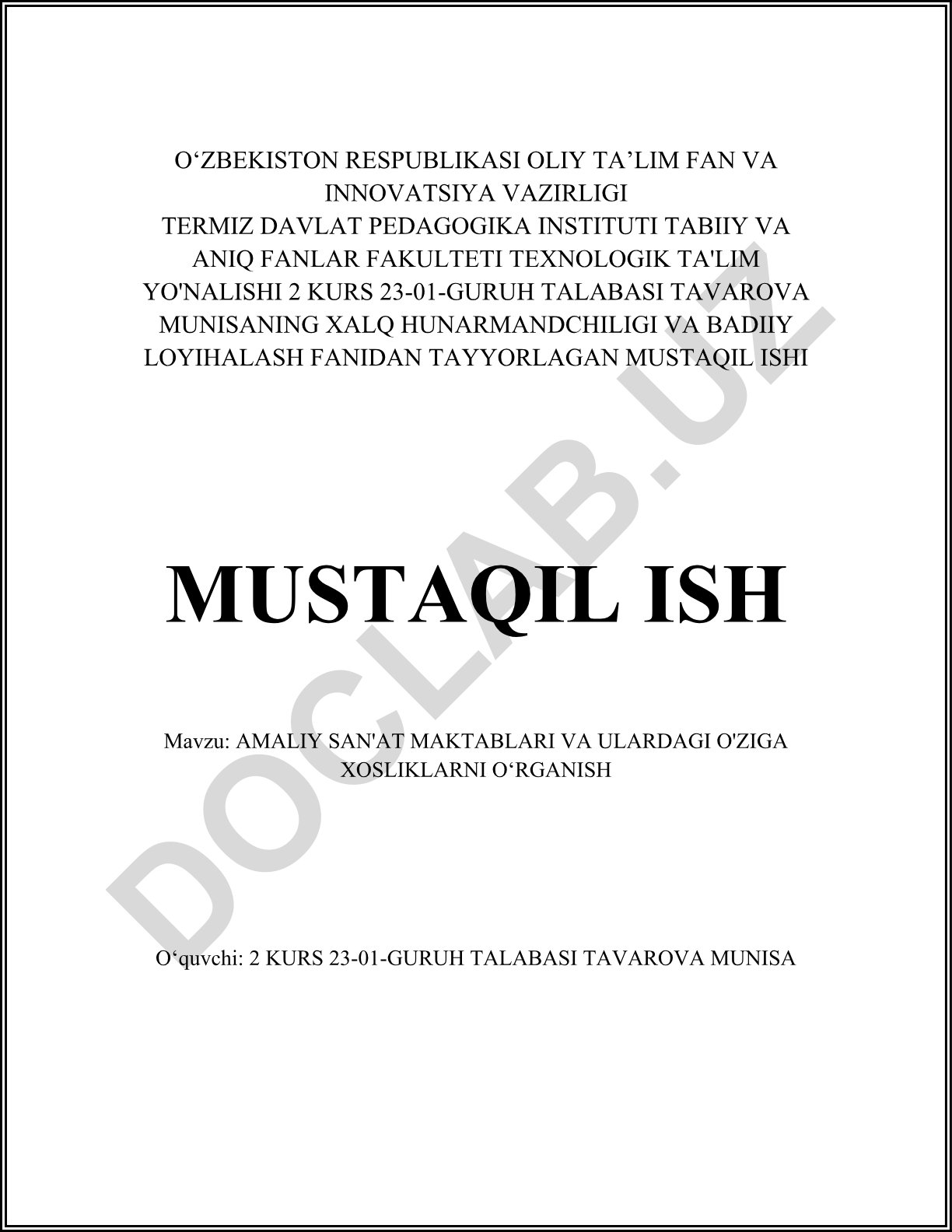 Amaliy san'at maktablari va ulardagi o'ziga xosliklarni o‘rganish