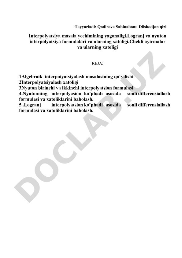Interpolyatsiya masalalari va formulalari