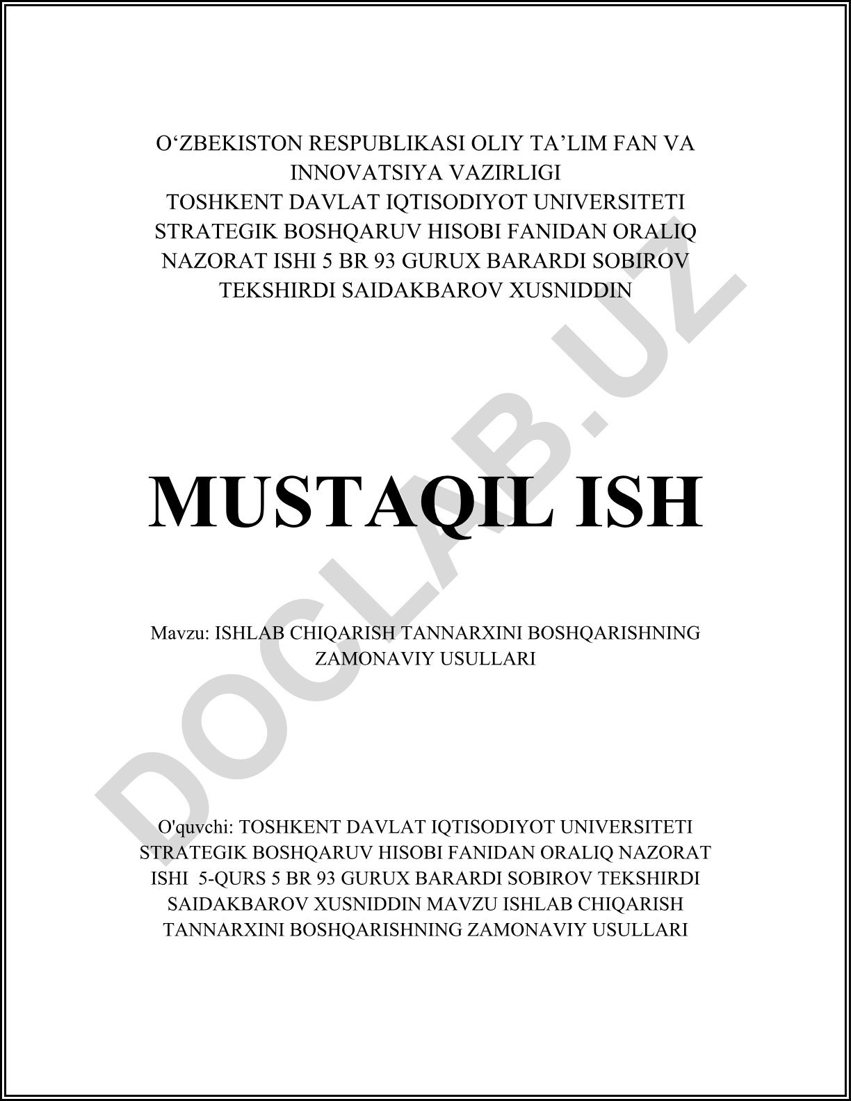 Ishlab chiqarish tannarxini boshqarishning zamonaviy usullari
