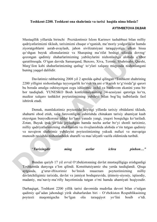 Toshkent shahrining 2200 yilligini nishonlash va tarixiy obidalarni tiklash