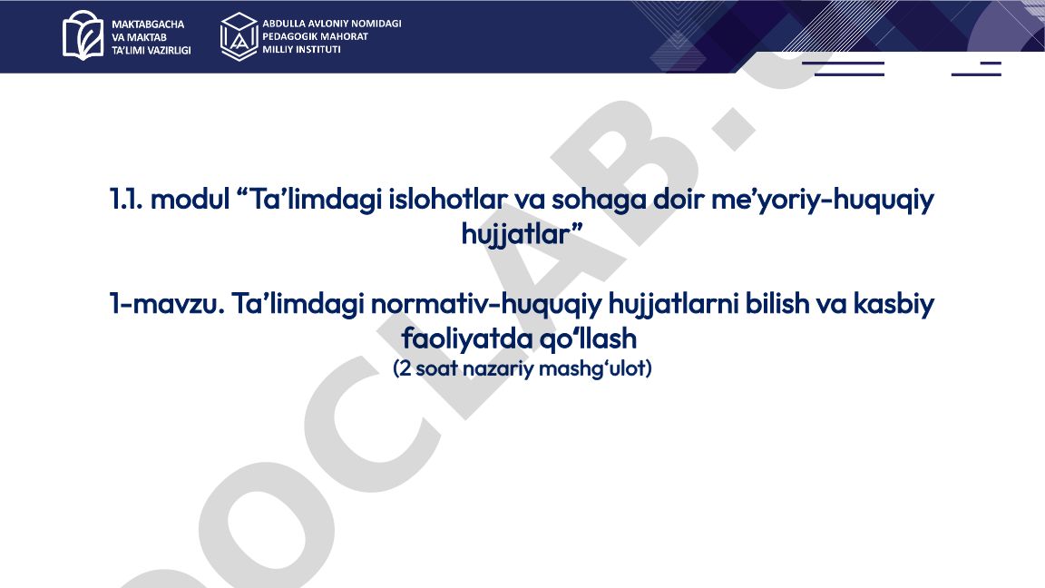 Ta'limdagi normativ-huquqiy hujjatlarni bilish va kasbiy faoliyatda qoʻllash