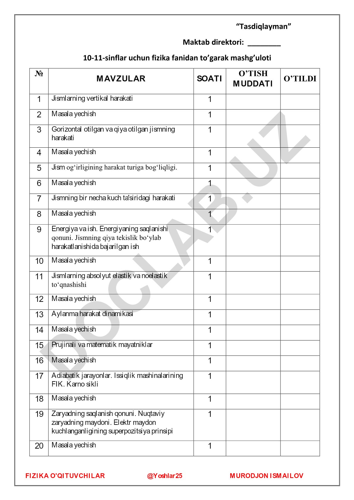 10-11-sinflar uchun fizika fanidan to'garak mashg'uloti mavzulari