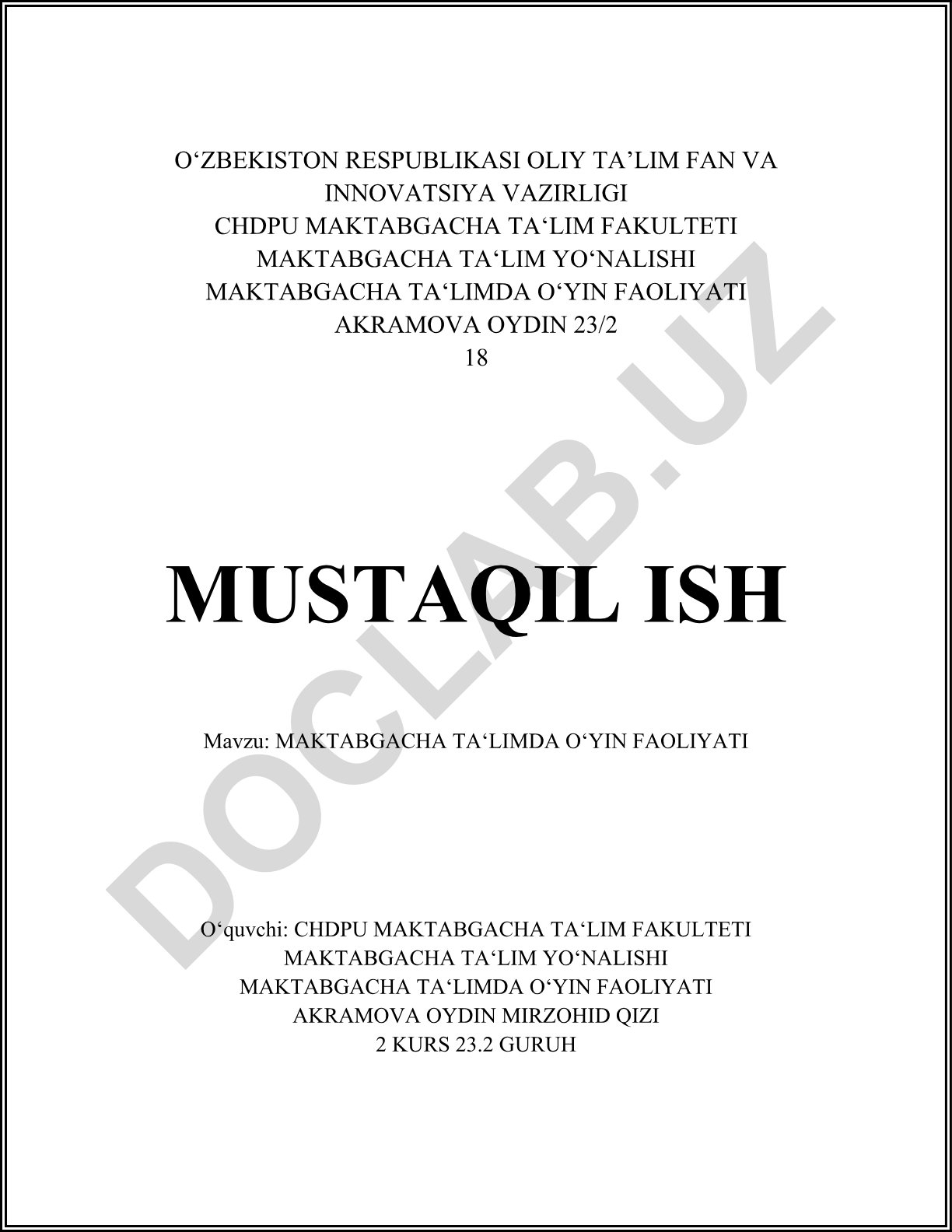 Maktabgacha ta'limda o'yin faoliyati