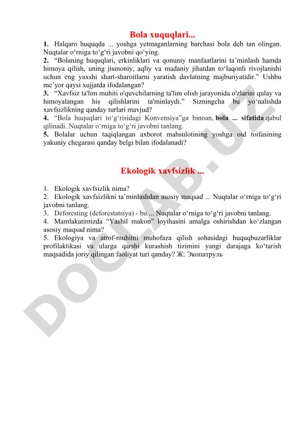 Bola huquqlari va ekologik xavfsizlik test savollari