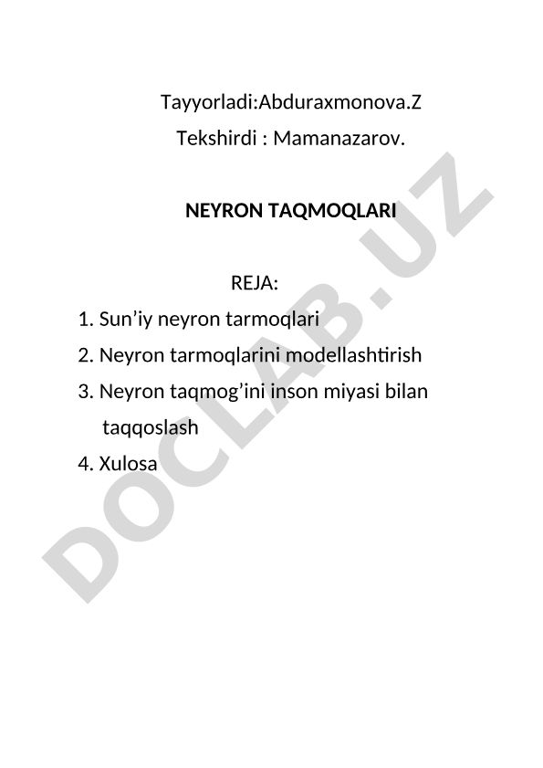 Sun'iy neyron tarmoqlari va ularning modellashtirilishi