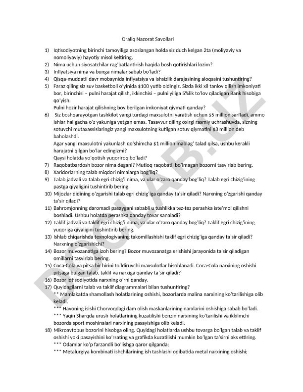 Iqtisodiyot tamoyillari va nazorat savollari