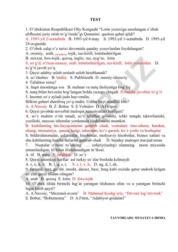 O'zbek alifbosi tarixi va tilshunoslik test savollari
