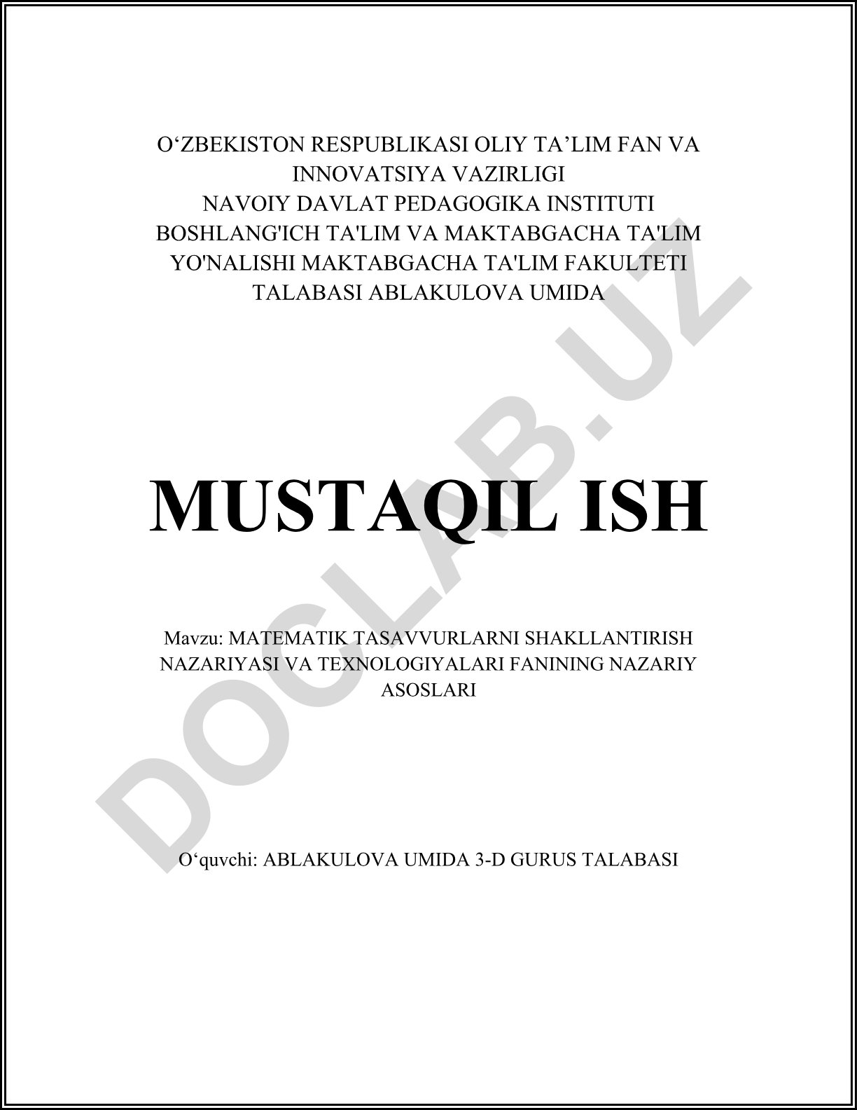 Matematik tasavvurlarni shakllantirish nazariyasi va texnologiyalari fani