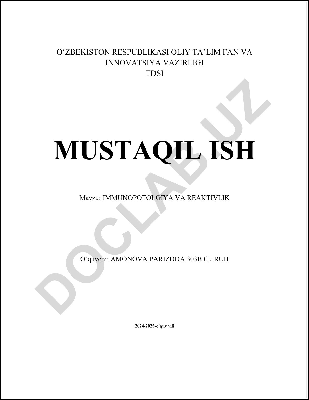 Immunopatologiya va reaktivlik