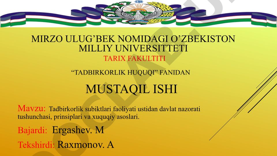 Tadbirkorlik subyektlari faoliyati ustidan davlat nazorati tushunchasi, prinsiplari va huquqiy asoslari
