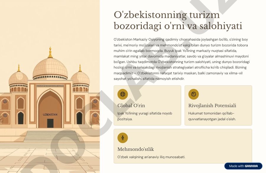O'zbekistonning turizm bozoridagi o'rni va salohiyati