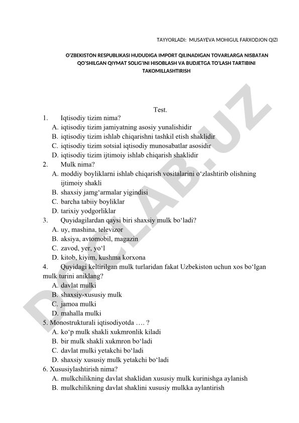 Import qilinadigan tovarlarga nisbatan QQSni hisoblash va to'lash tartibini takomillashtirish
