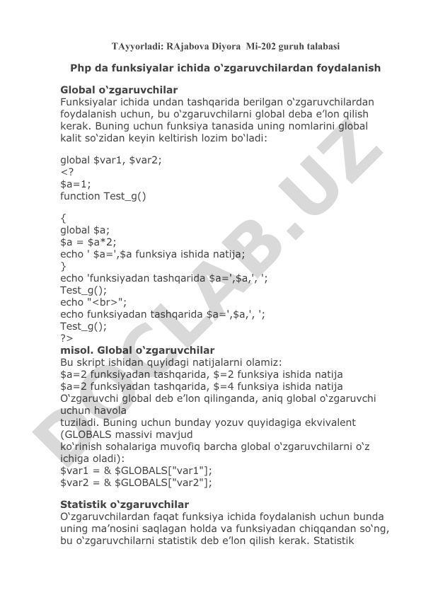 PHP dasturlash tilida global va statik o'zgaruvchilardan foydalanish