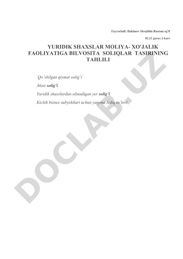 Yuridik shaxslar moliya-xo'jalik faoliyatiga bilvosita soliqlar ta'sirining tahlili