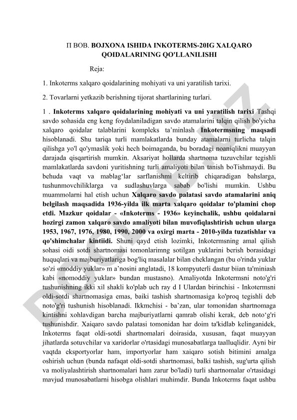Bojxona ishida Inkoterms-2020 xalqaro qoidalarining qo'llanilishi