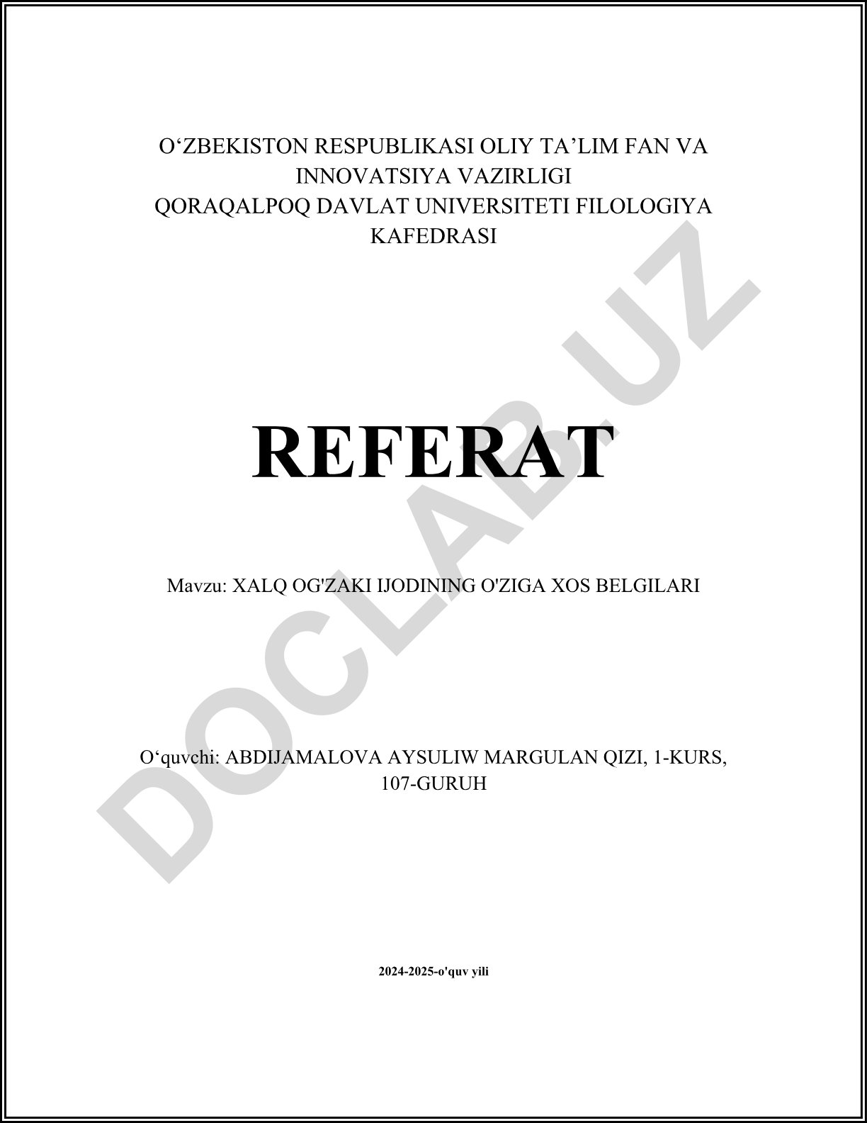 Xalq og'zaki ijodining o'ziga xos belgilari