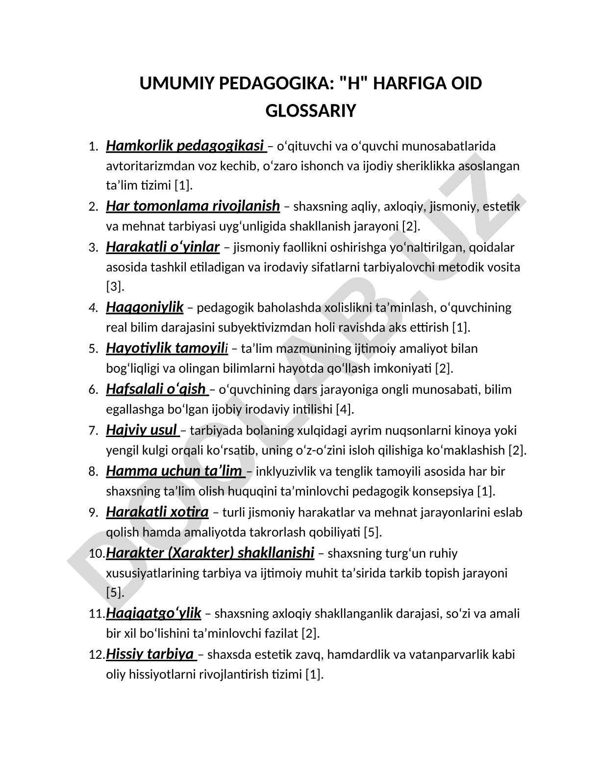 Umumiy pedagogika: "H" harfiga oid glossary