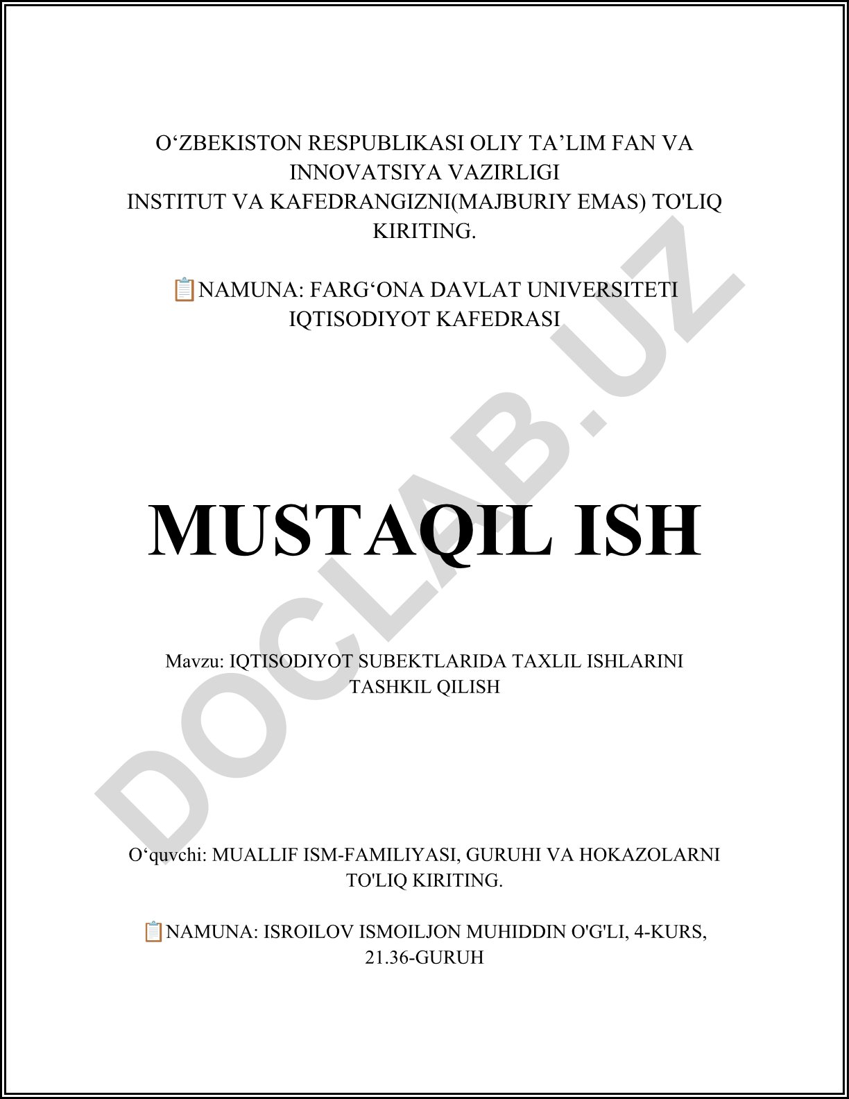 Iqtisodiyot subyektlarida tahlil ishlarini tashkil qilish