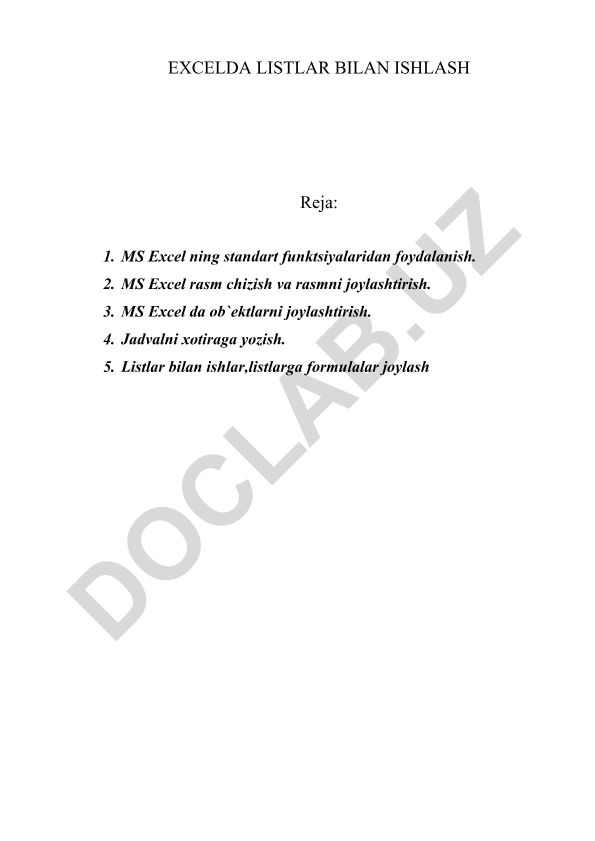 MS Excelda listlar bilan ishlash va matnlar bilan ishlash