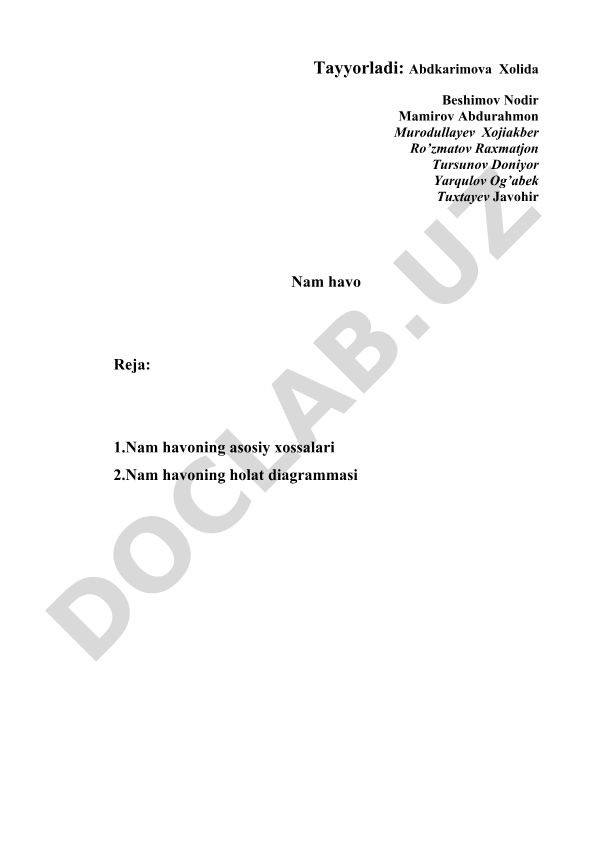 Nam havoning asosiy xossalari va holat diagrammasi