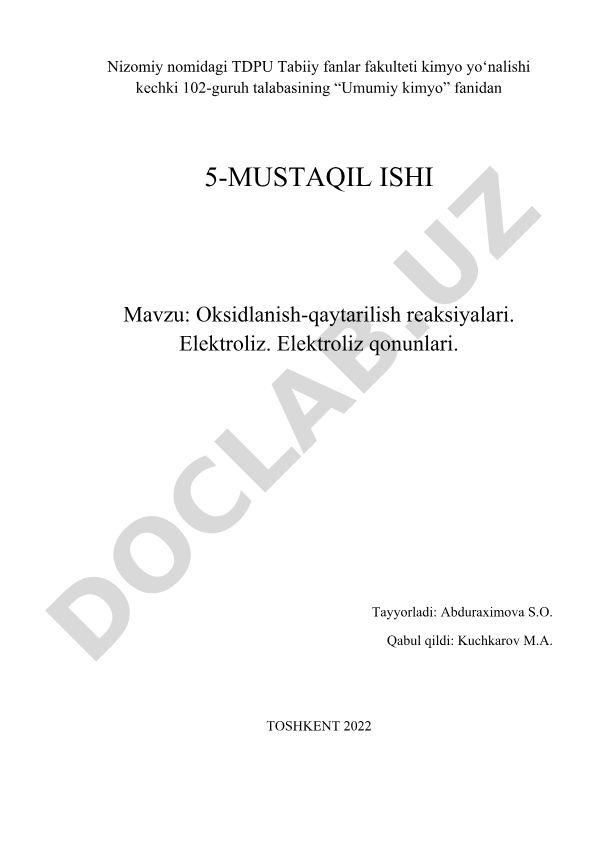 Oksidlanish-qaytarilish reaksiyalari va elektroliz