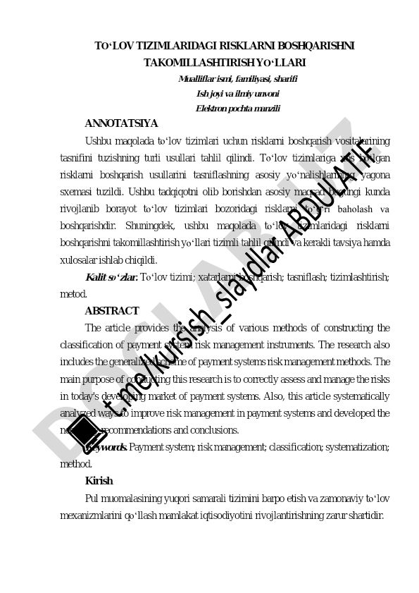 To'lov tizimlaridagi risklarni boshqarishni takomillashtirish yo'llari
