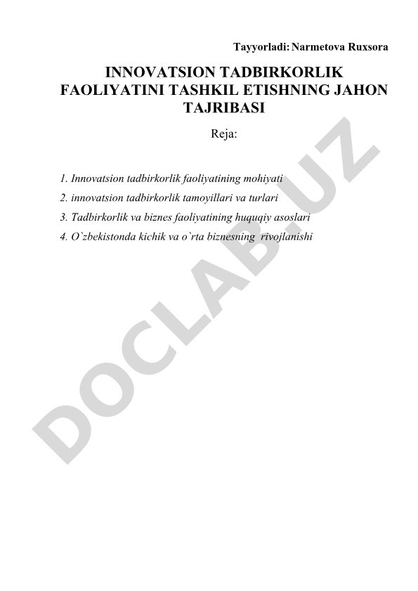 Innovatsion tadbirkorlik faoliyatini tashkil etishning jahon tajribasi