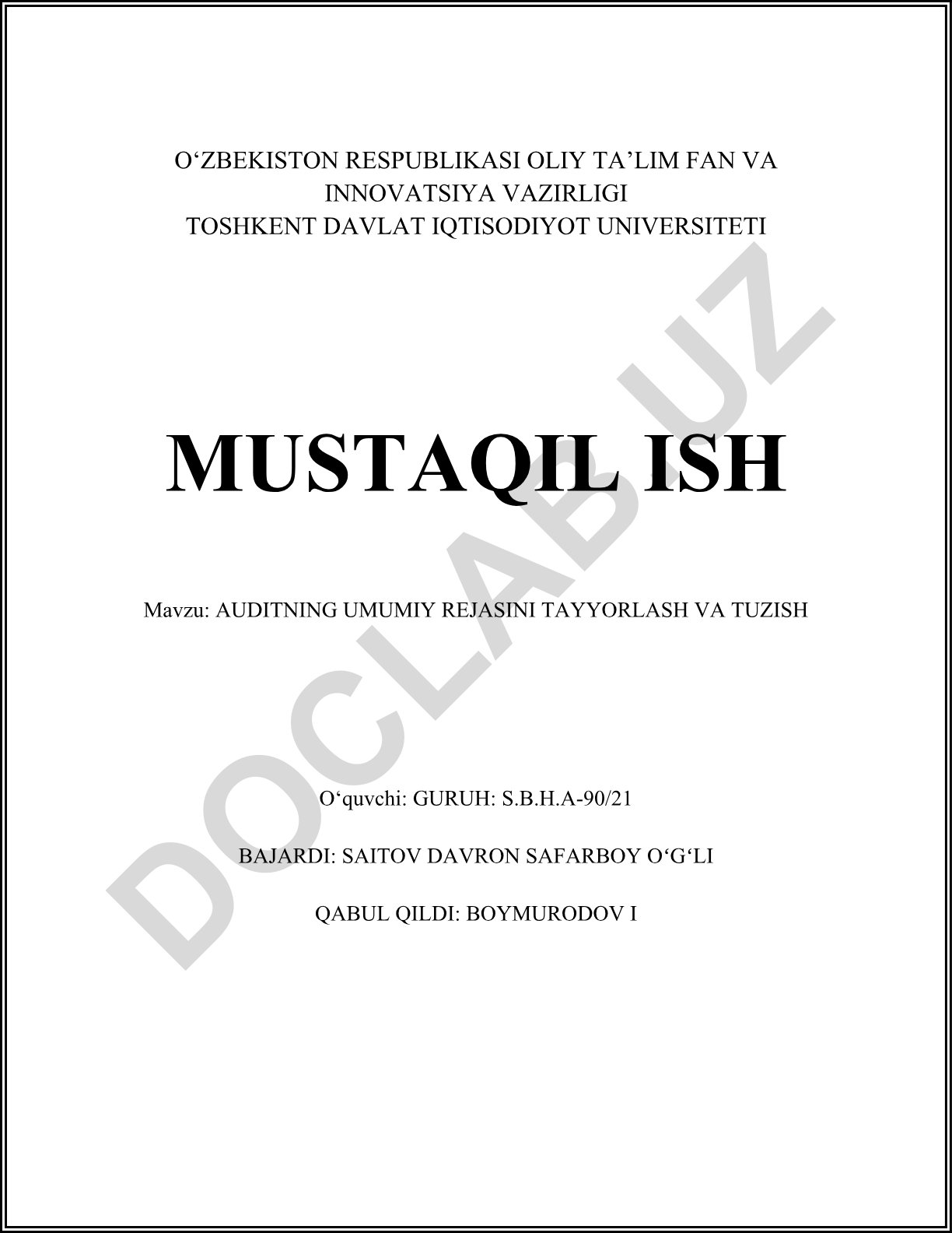 Auditning umumiy rejasini tayyorlash va tuzish
