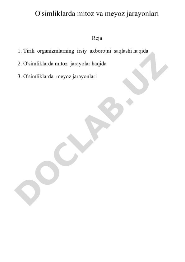 O'simliklarda mitoz va meyoz jarayonlari