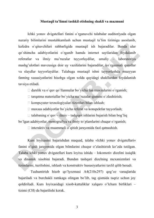 Ichki yonuv dvigatellari fanida mustaqil ta'limni tashkil etish shakllari