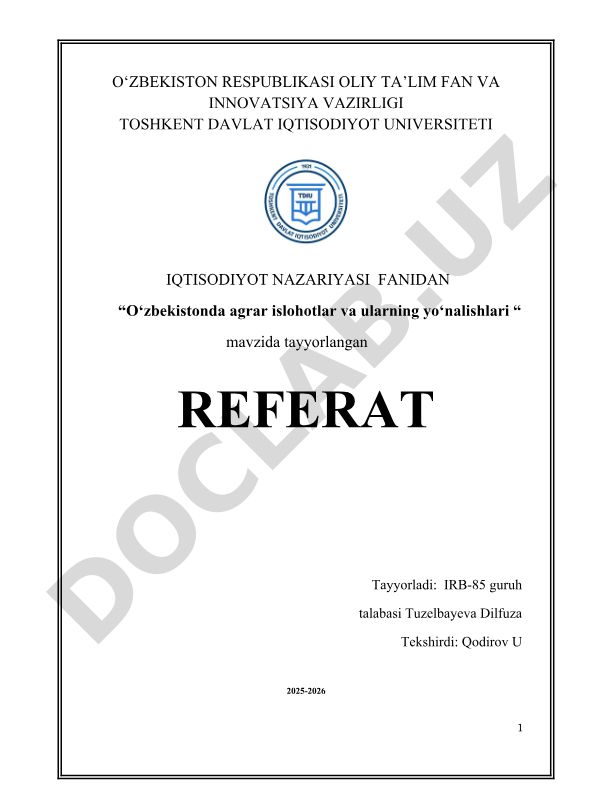 O‘zbekistonda agrar islohotlar va ularning yo‘nalishlari