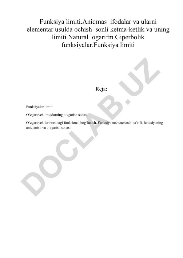 Funksiya limiti va elementar funksiyalar