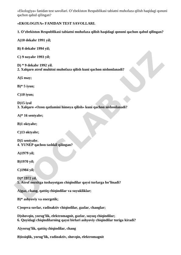 Ekologiya fanidan test savollari