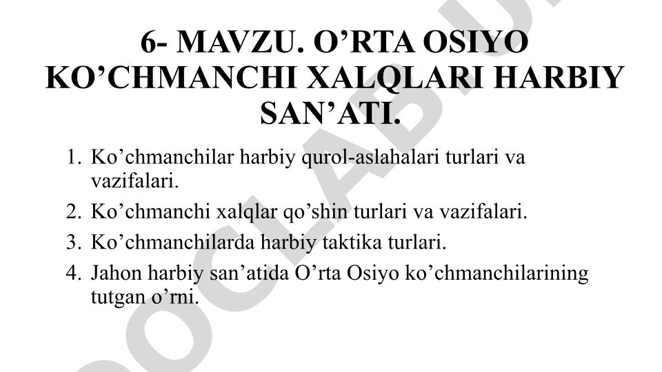 O’rta Osiyo ko’chmanchi xalqlari harbiy san’ati va qurollari
