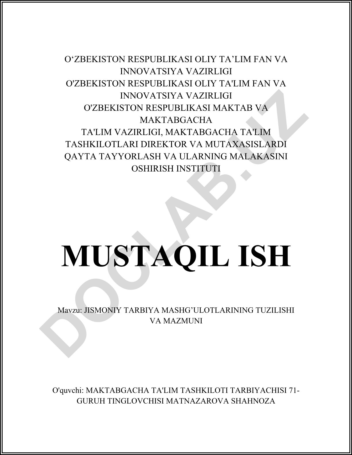Jismoniy tarbiya mashg'ulotlarining tuzilishi va mazmuni