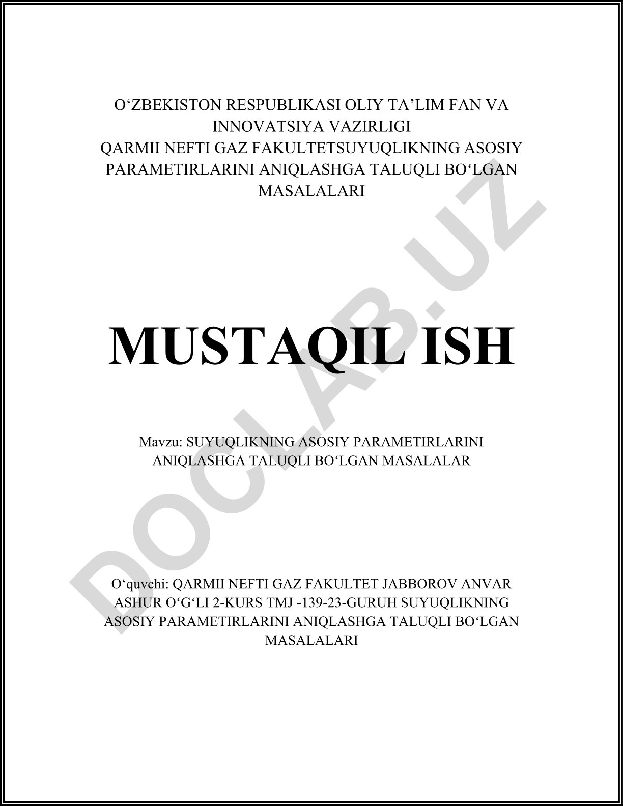 Suyuqlikning asosiy parametirlarini aniqlashga taluqli bo'lgan masalalar