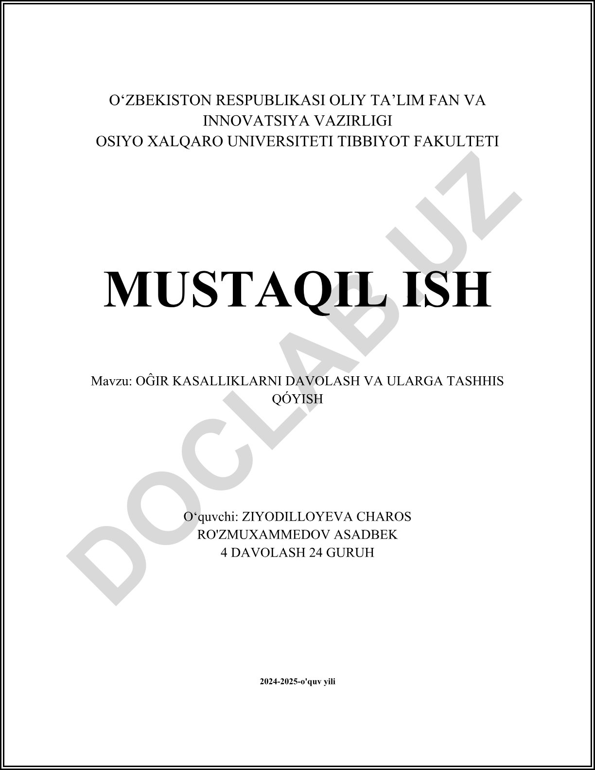 O'g'ir kasalliklarni davolash va ularga tashxis qo'yish