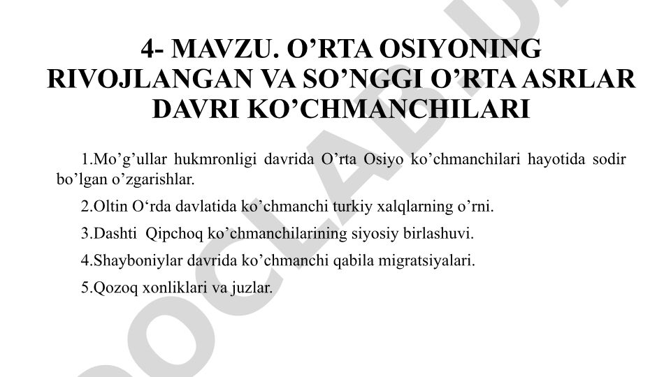 O'rta Osiyoning rivojlangan va so'nggi o'rta asrlar davri ko'chmanchilari