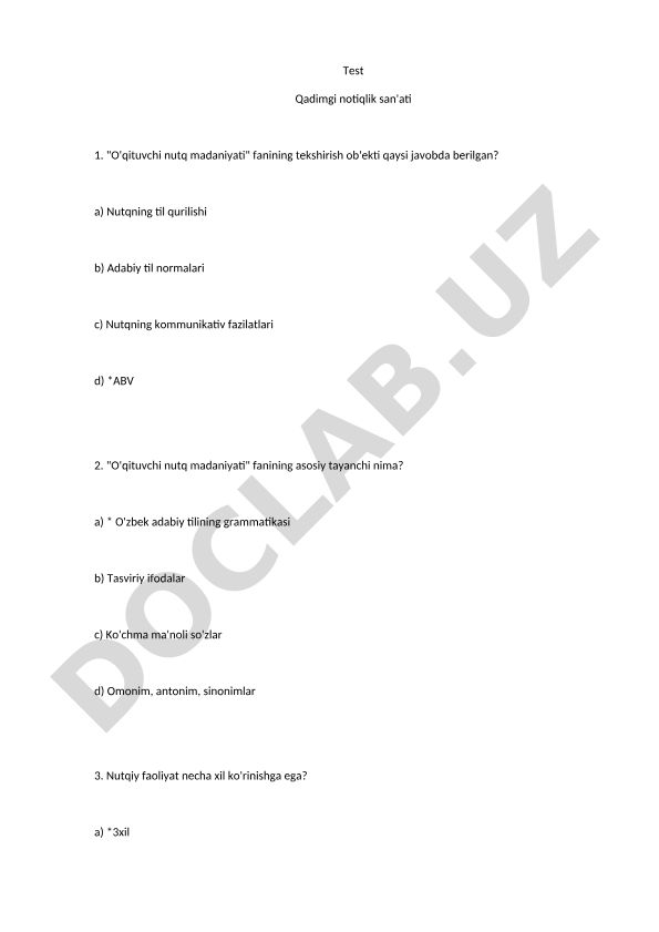 O'qituvchi nutq madaniyati fanidan test savollari