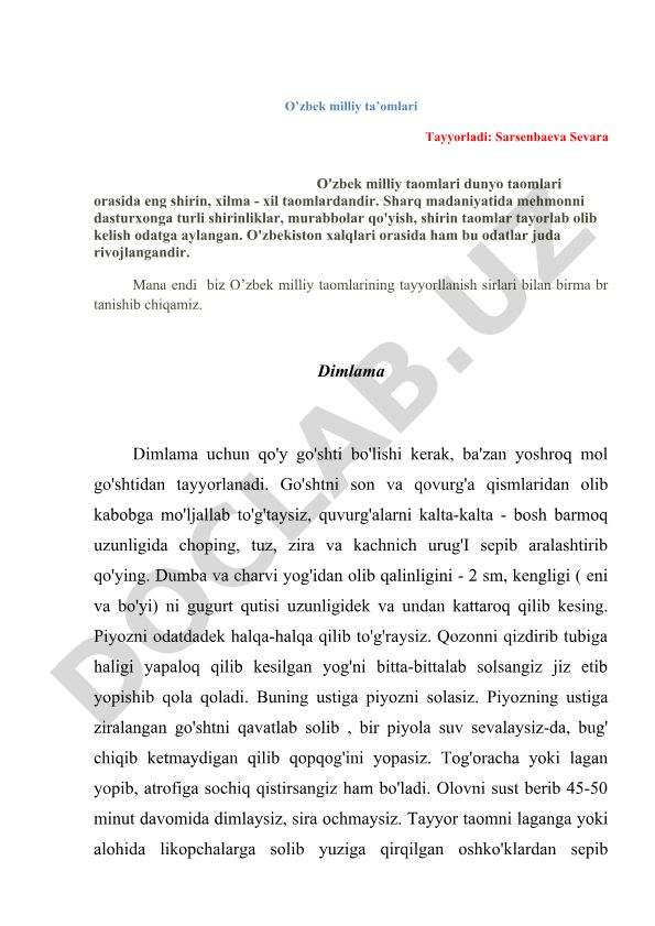 O'zbek milliy taomlari tayyorlash